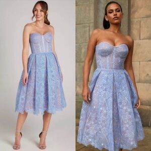 NADINE MERABI Strapless Light Blue Floral Lace Midi Dress